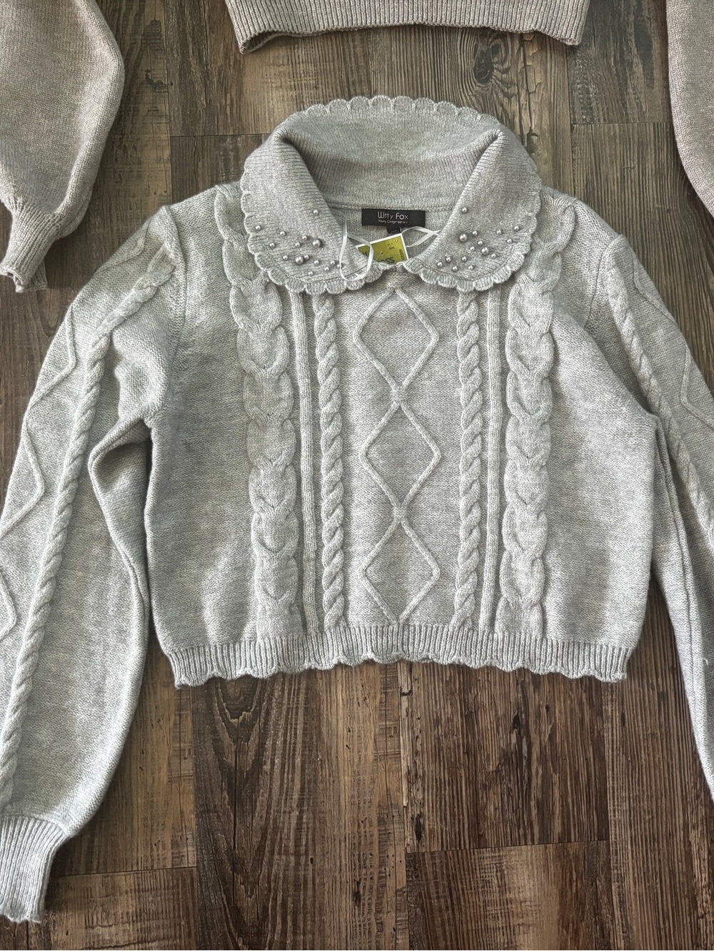 Grey Pearl-Trim Cable Knit Sweater, crop